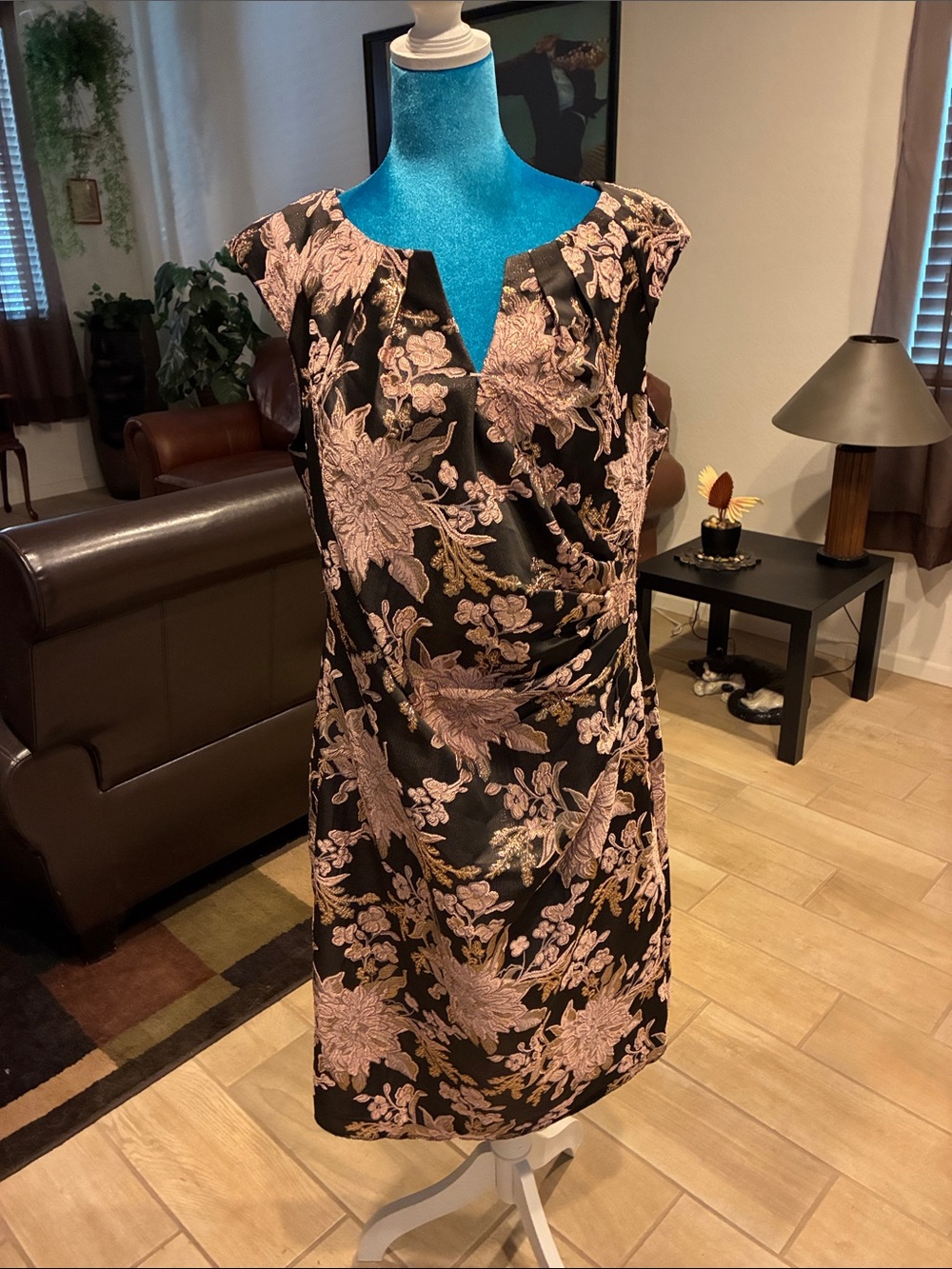 Adrianna Papell Black Midi Dress with Rose Gold Embossed Floral Pattern